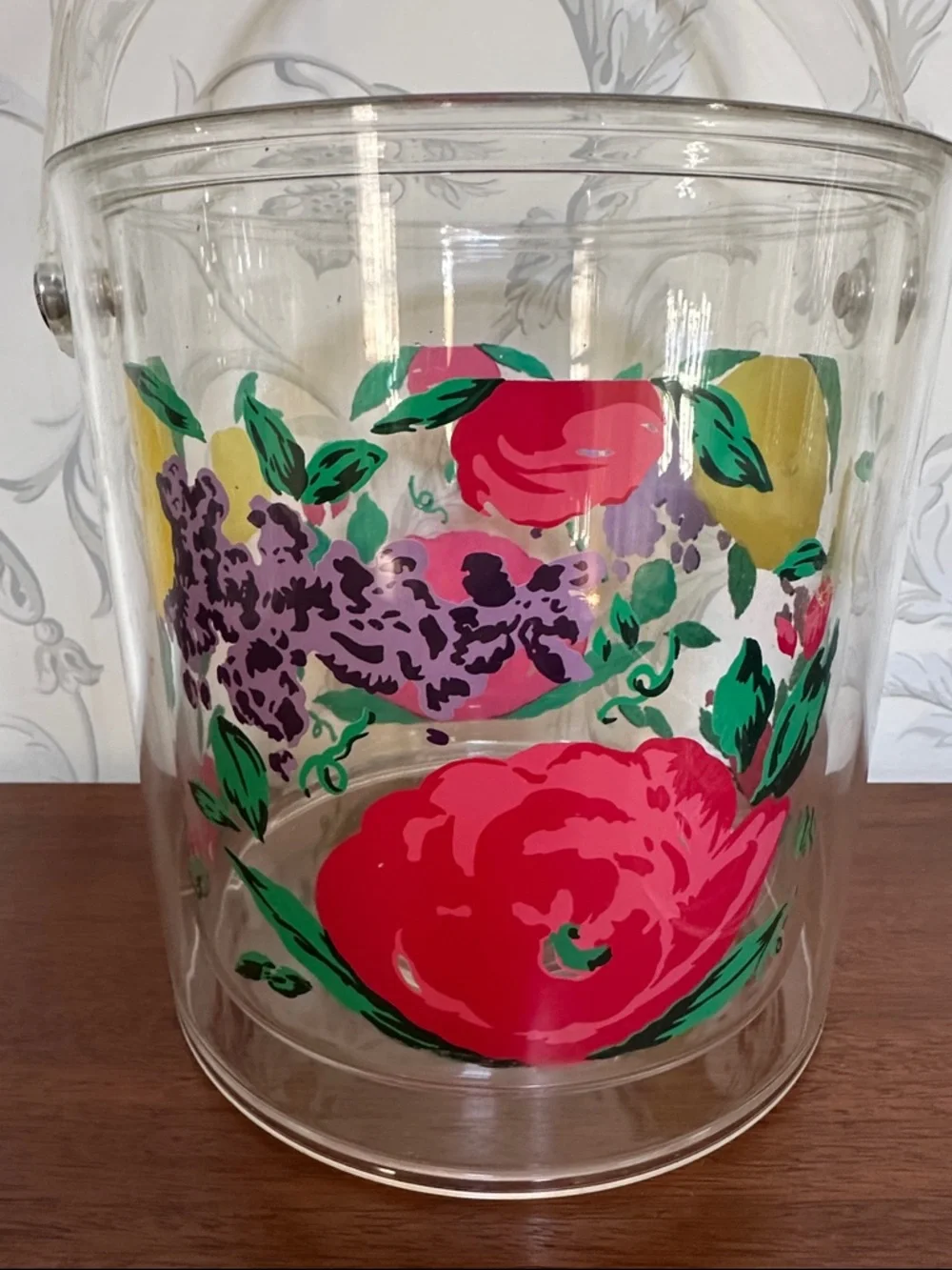 🧊 Clear Floral Acrylic Ice Bucket with Handle lid and tongs retro